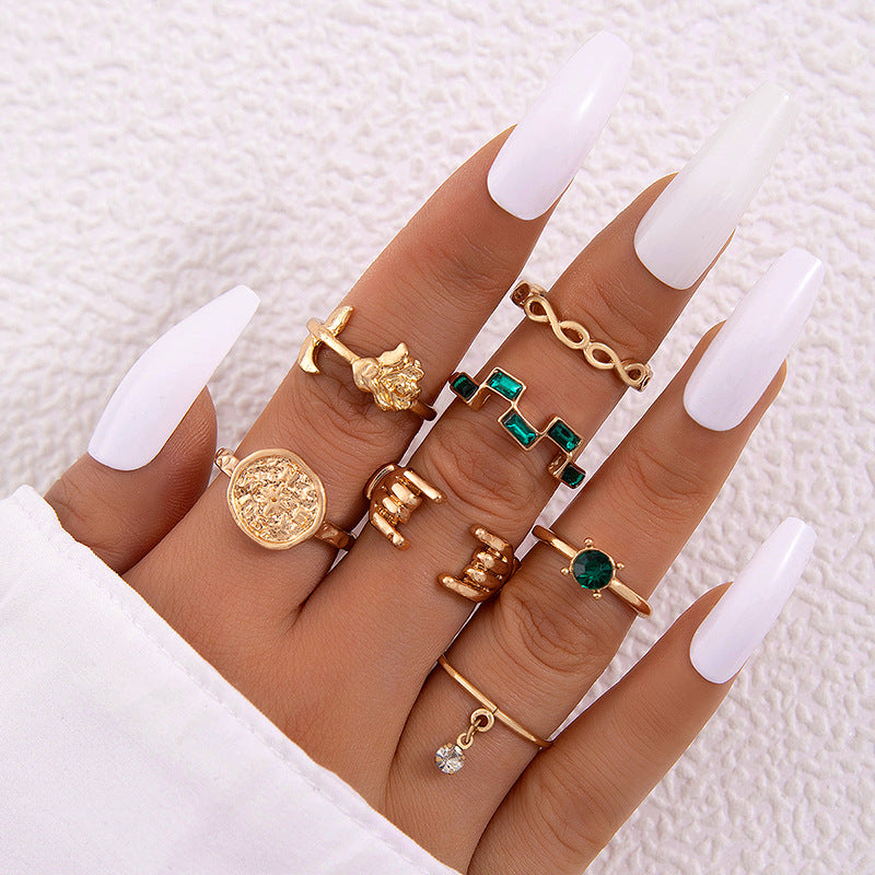 Metal Emerald Diamond Love Palm Ring Match Sets
