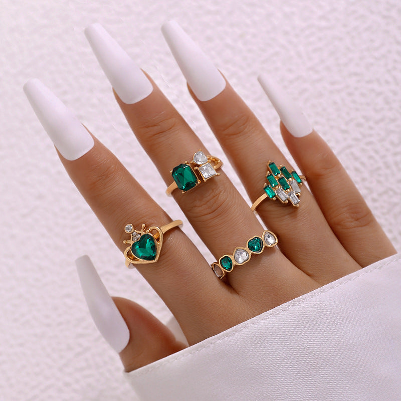 Metal Emerald Diamond Love Palm Ring Match Sets