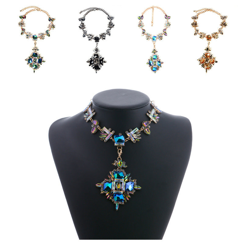 Alloy Inlaid Gemstone Necklace — Crystal Statement Jewelry