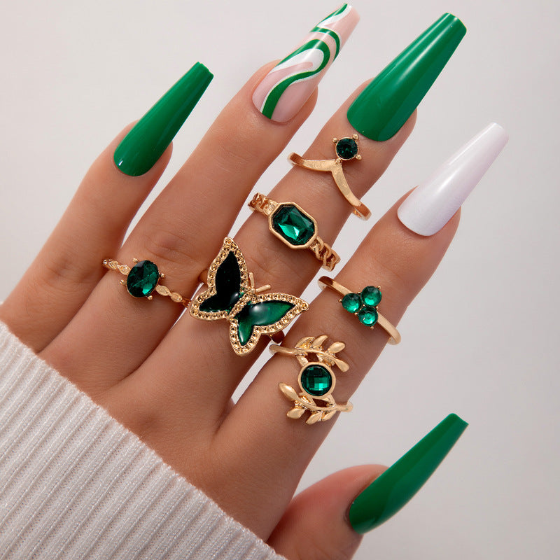 Metal Emerald Diamond Love Palm Ring Match Sets