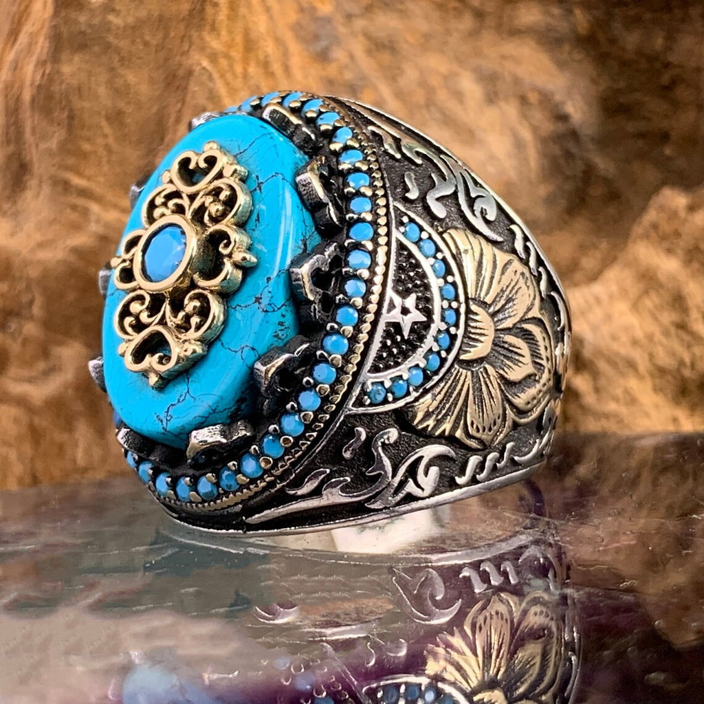 Turquoise Gemstone Embossed Pattern Ring — Boho Crystal Ring