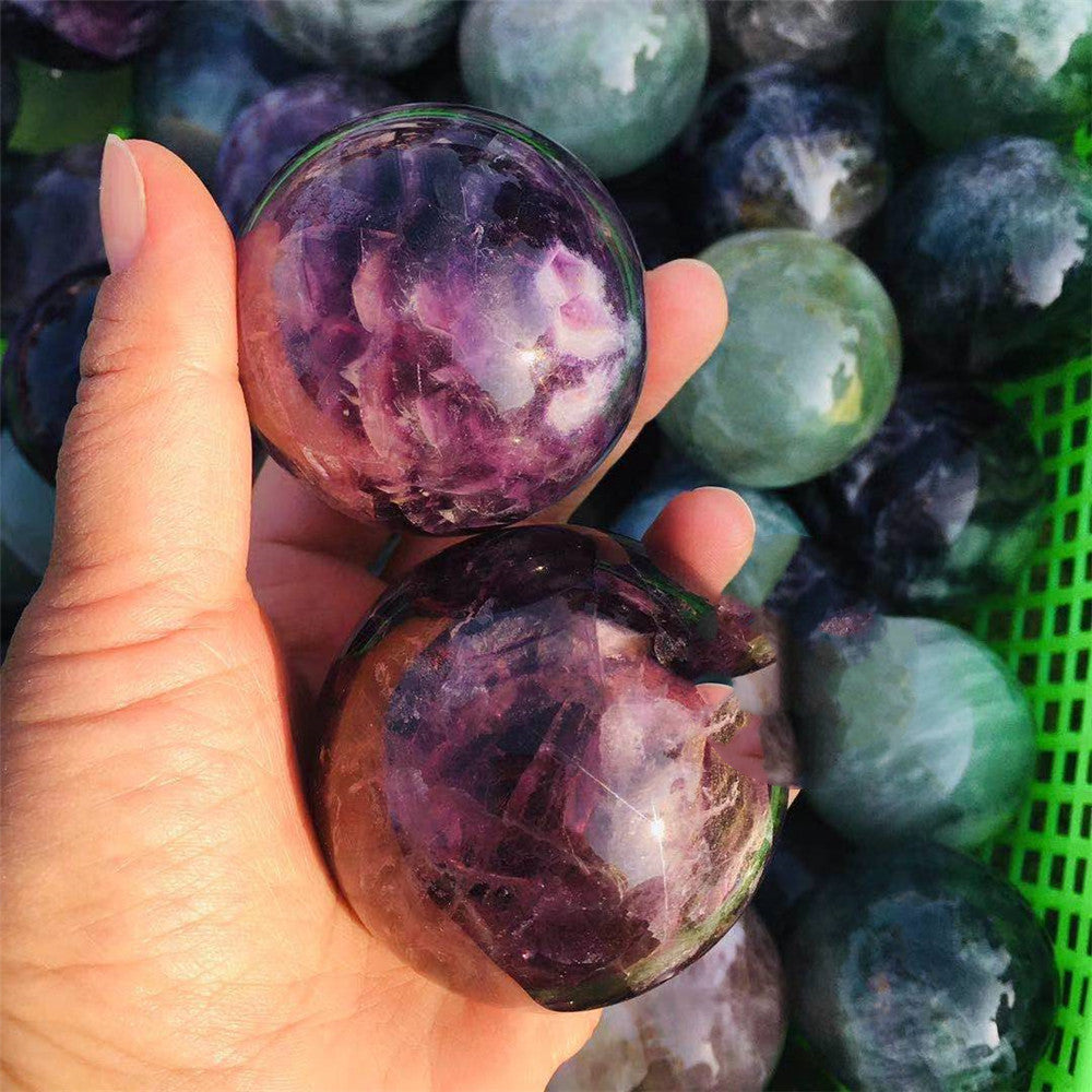 Natural Colorful Purple Green Striped Fluorite Crystal Ball Rough Polished Feng Shui Energy Ornament