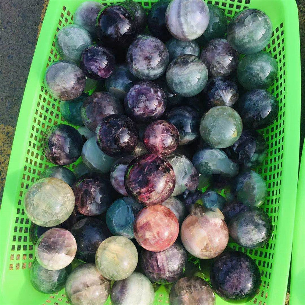Natural Colorful Purple Green Striped Fluorite Crystal Ball Rough Polished Feng Shui Energy Ornament
