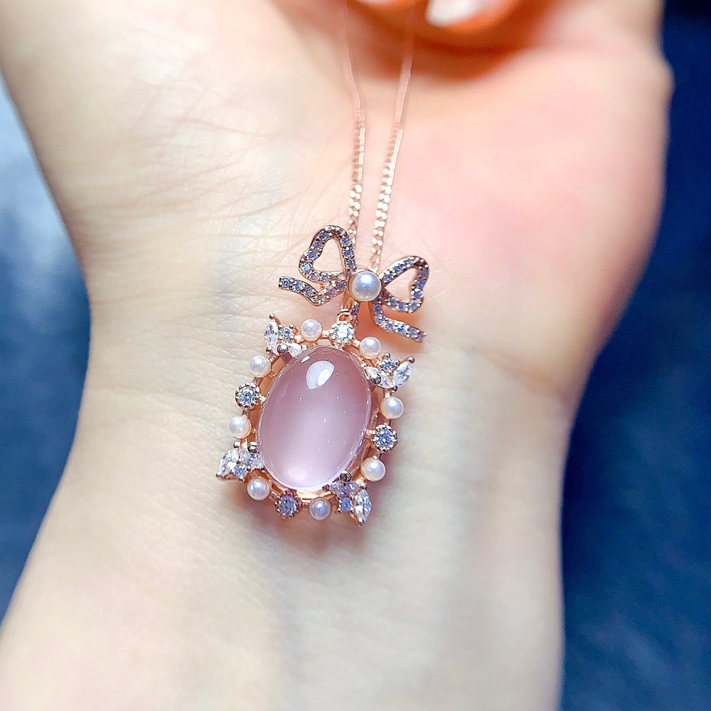Natural  Crystal Rose Quartz Pendant 925 Silver