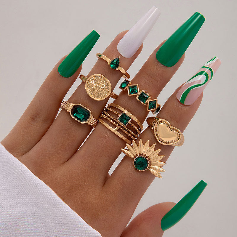 Metal Emerald Diamond Love Palm Ring Match Sets