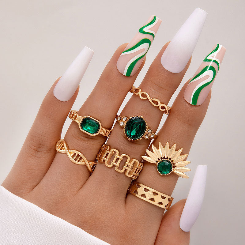 Metal Emerald Diamond Love Palm Ring Match Sets
