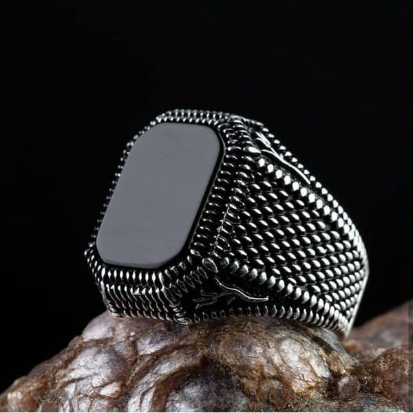 Men's Gemstone Ring – Stylish Metal Band with Crystal Stone