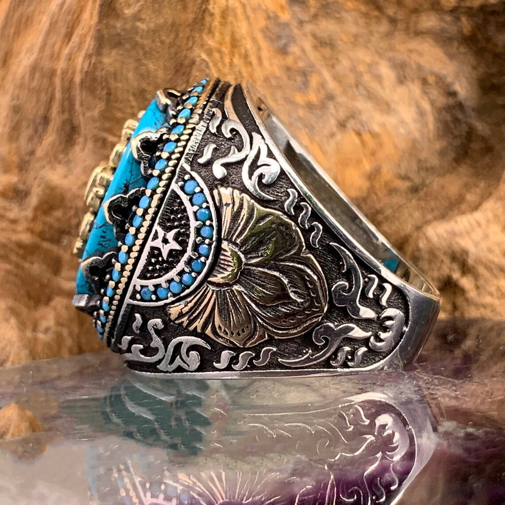 Turquoise Gemstone Embossed Pattern Ring — Boho Crystal Ring