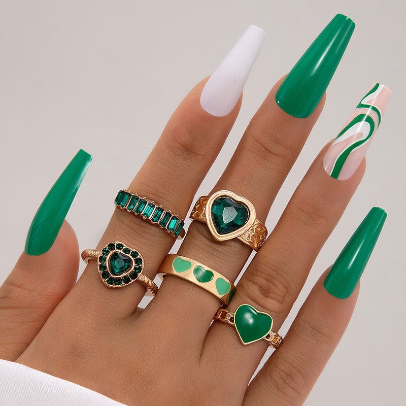 Metal Emerald Diamond Love Palm Ring Match Sets