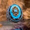 Turquoise Gemstone Embossed Pattern Ring — Boho Crystal Ring