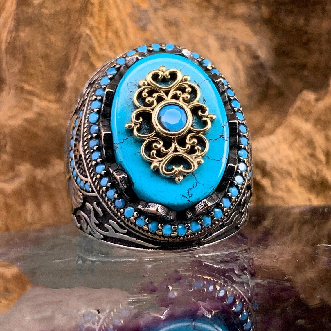 Turquoise Gemstone Embossed Pattern Ring — Boho Crystal Ring