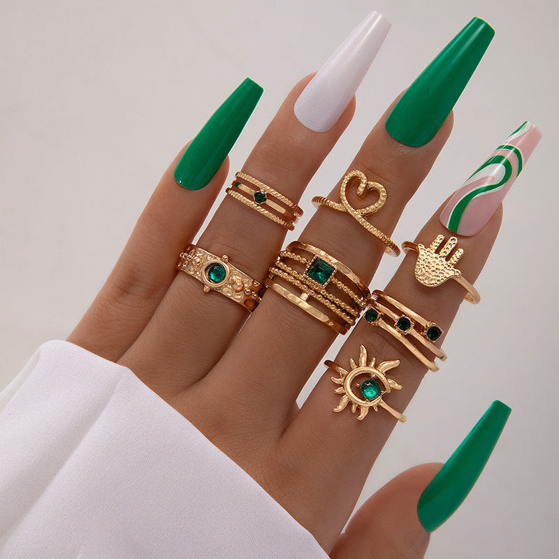 Metal Emerald Diamond Love Palm Ring Match Sets