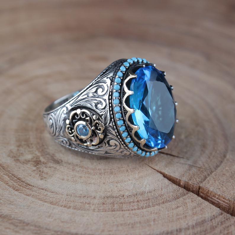 Men's Gemstone Ring – Stylish Metal Band with Crystal Stone