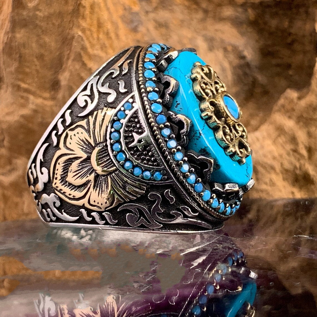 Turquoise Gemstone Embossed Pattern Ring — Boho Crystal Ring