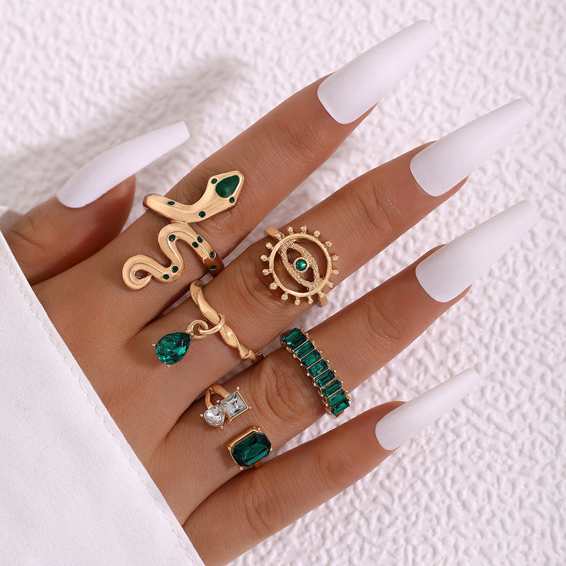 Metal Emerald Diamond Love Palm Ring Match Sets