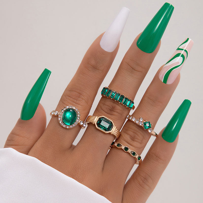 Metal Emerald Diamond Love Palm Ring Match Sets